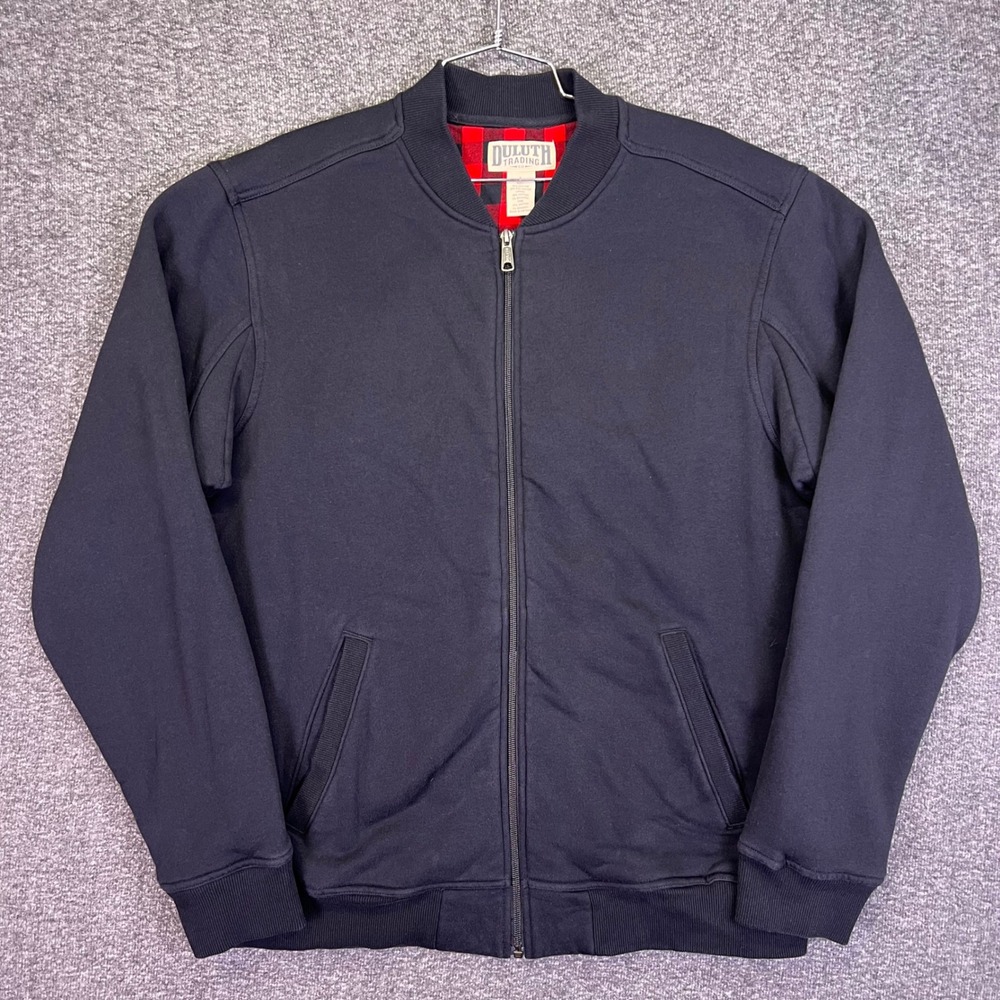 Duluth Trading Co Bomber Jacket Mens L Black Plaid Lined Casual Full Zip Rugged